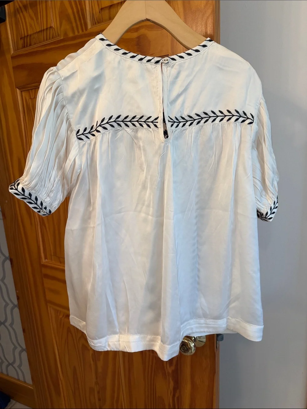 Anthropologie Silk White Peasant Blouse with Black Embroidery